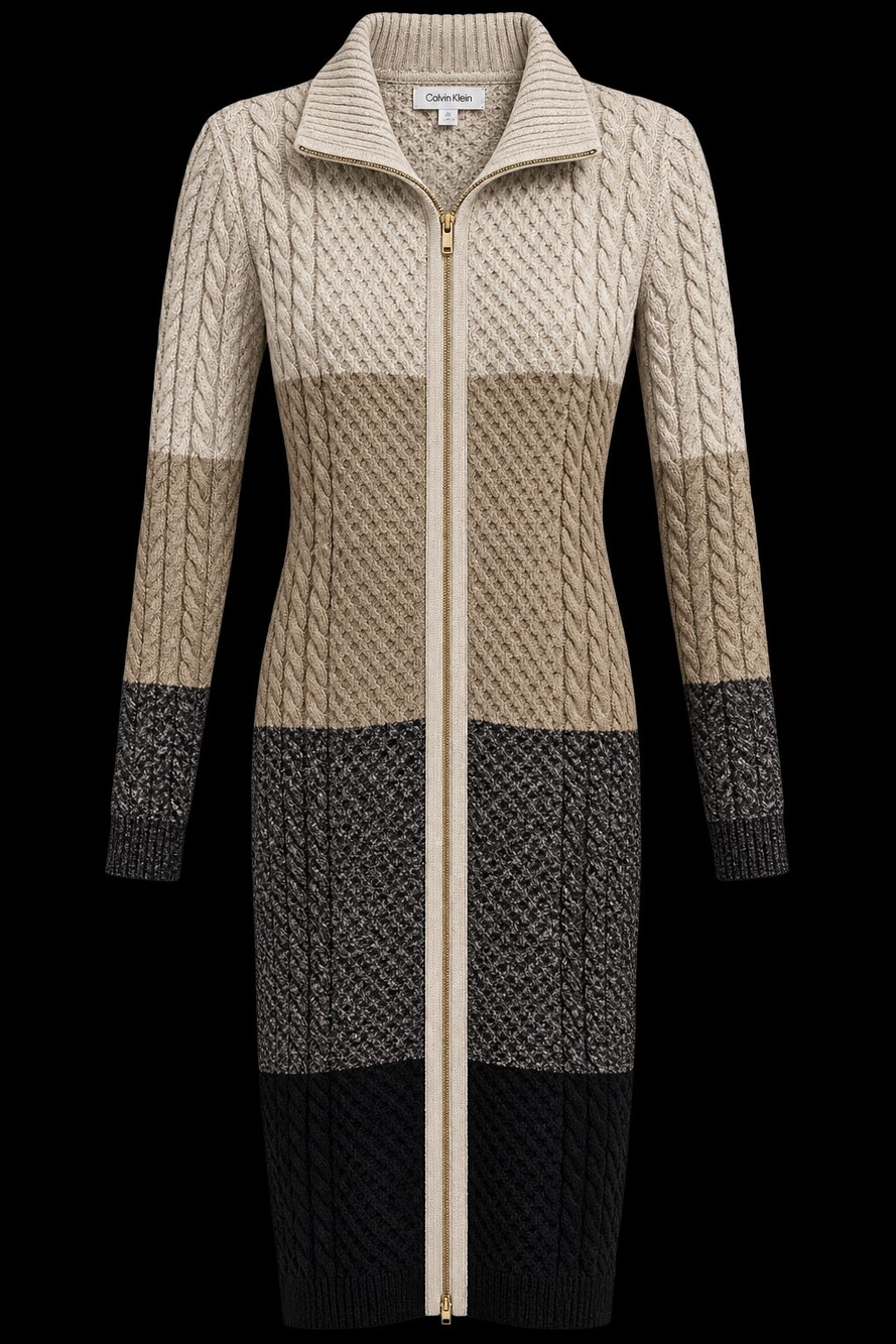 Calvin Klein Full Front Zip Form Fitting Dress Beige & Black